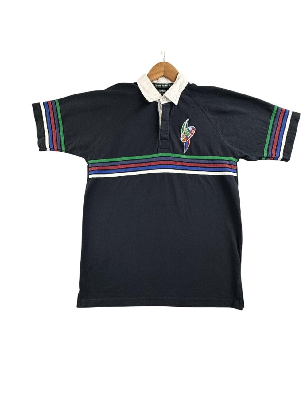 Total Rugby Polo Shirt Mens Medium Black Striped Embroidered Crest Cotton Rugby